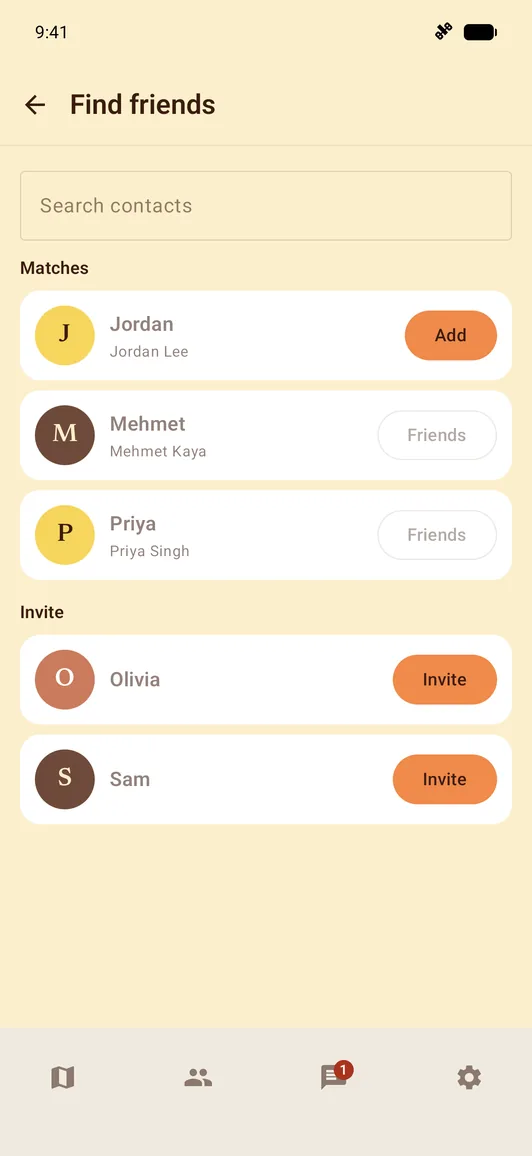 Find friends lists fictional matches: Jordan with Add, Mehmet and Priya marked Friends, and Olivia and Sam with Invite.