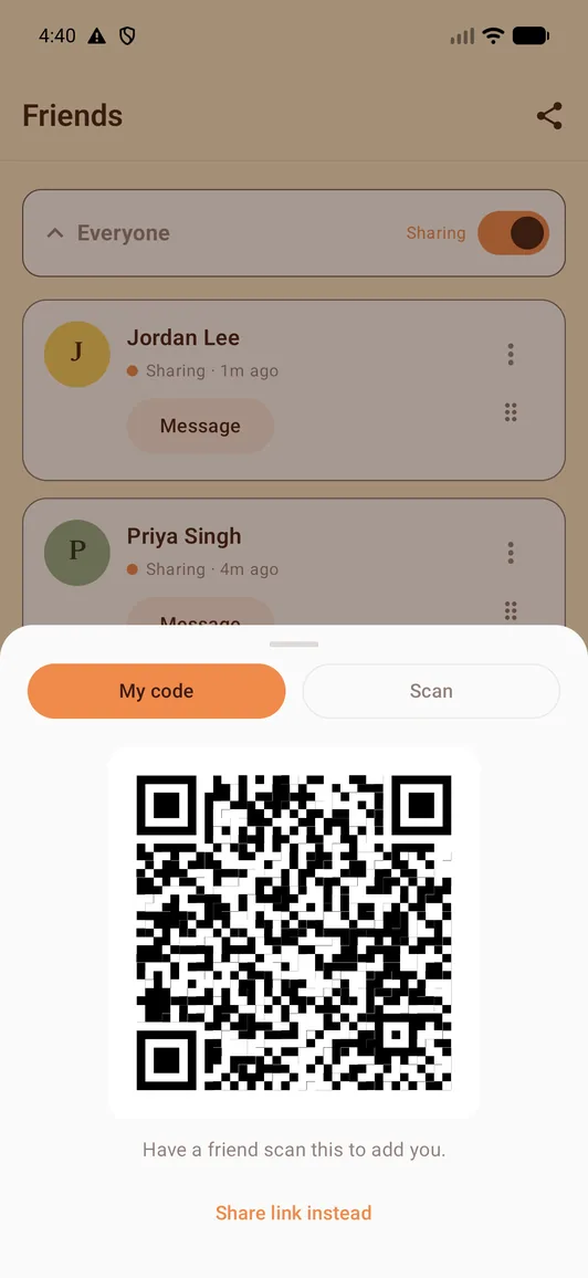 The Friends list with the share sheet open, showing your code and a 'Share link instead' option.
