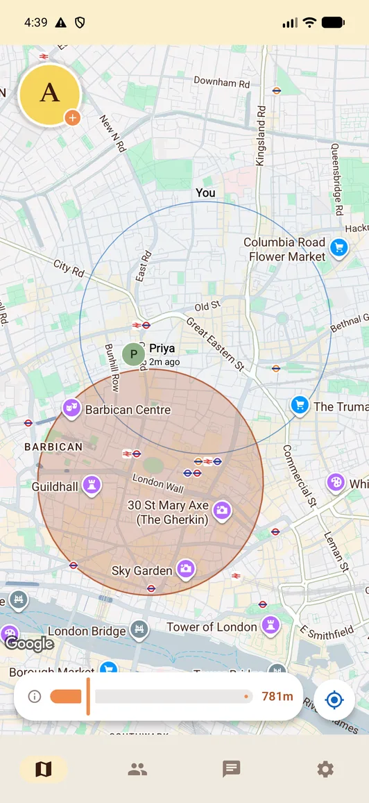 The Small World map over Shoreditch: your own bubble and a friend's bubble overlapping, each an area rather than a pin.