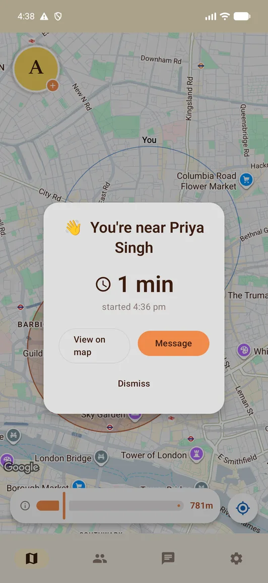 A 'You're near Priya Singh' card over the map, with a live counter and buttons to view on the map or message.
