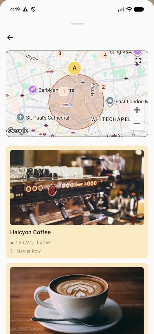Coffee results on a map between the two of you, each with a rating and review count.