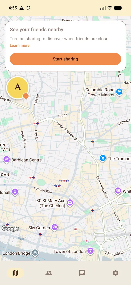 The map with sharing off: a card reading 'See your friends nearby' above a 'Start sharing' button.