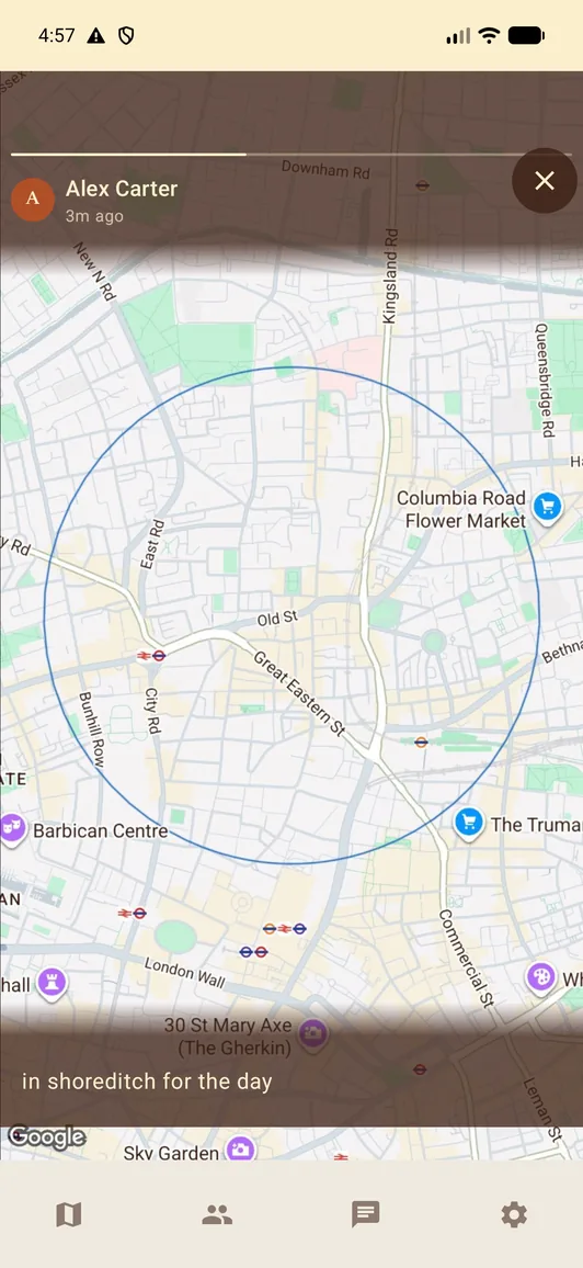 A friend's view of the story: your bubble over Shoreditch with your name, how long ago it was posted, and the caption.